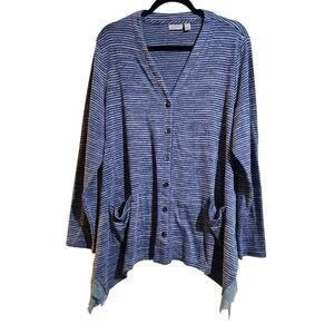 LOGO Lori Goldstein Cardigan Womans Sz 1X Blue Lace Trim Hi Low Hem Button Front